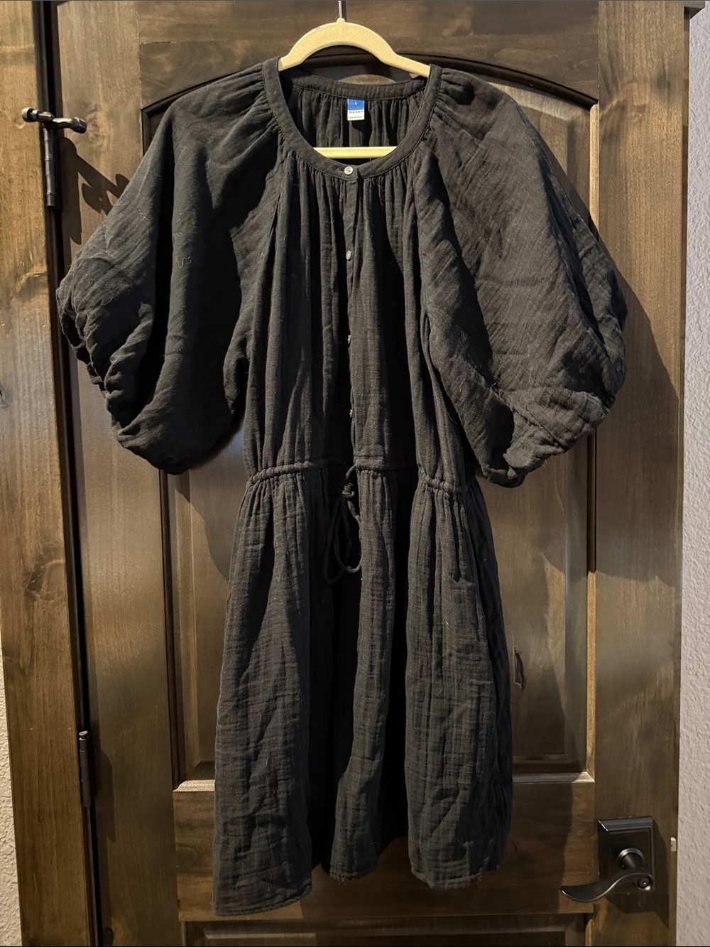 Black Gauze Puff Sleeve Drawstring Waist Dress